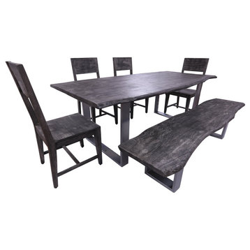 Grey Solid Wood 6 Piece Dining Set With Metal Legs-Table, Bench and Four Chairs