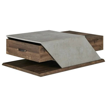 Modern Coffee Table, Unique Design With Lift Top and Drawer, Gray Concrete/Oak