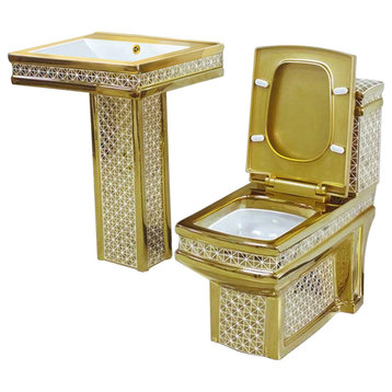 Decorative Gold Toilet and Pedestal Sink Set