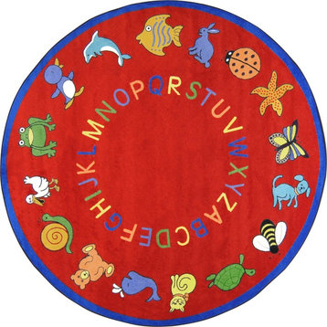 Joy Carpets Kid Essentials - Early Childhood ABC Animals, 7'7 Round, Red