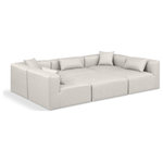 Meridian Furniture - Cube Upholstered Modular Sectional, Cream, 6-Piece: 3 Armless Chair, 2 Corner Chair, 1 Ottoman, Vegan Leather - Elevate your space with the luxurious Cube Vegan Leather Modular Sectional. This modular sectional exudes modern elegance, charm, and comfort making it a perfect addition to any contemporary living space. Its clean lines and cube shape are reminiscent of minimalist design, while the plush cream vegan leather upholstery adds a touch of luxury and sophistication. The chair's versatile construction and geometric aesthetic seamlessly integrate into various design styles, from sleek living rooms to chic home offices, embodying the essence of modern design and creating a sense of order and tranquility in your space.