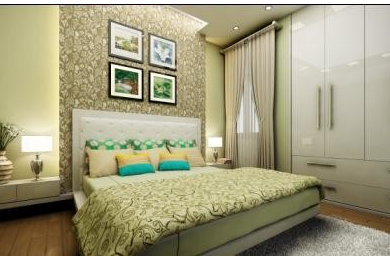 他の地域にある小さなトランジショナルスタイルのおしゃれな主寝室 (緑の壁、濃色無垢フローリング、暖炉なし) のインテリア