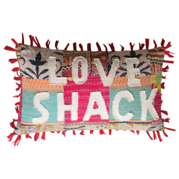 Love Shack Kantha Throw Pillow Soft Patchwork Multicolor Red Tassel Rectangle