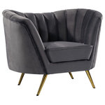 Meridian Furniture - Margo Velvet Upholstered Set, Gray, Chair - Lean back and lounge in luxurious style on this stunning Margo grey velvet chair by Meridian Furniture. This contemporary loveseat features plush velvet upholstery that is both classy and sumptuous against your skin, and rounded arms that curve into a low, rounded back, creating a perfect, modern piece for your home. Gold stainless steel legs support this chair and provide stunning contrast to the chair's plush, grey fabric.
