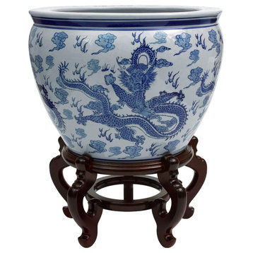 18" Dragon Blue and White Porcelain Fishbowl