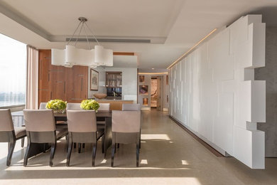 Example of a large trendy beige floor great room design in New York with white walls