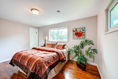 Mid-sized minimalist guest medium tone wood floor and brown floor bedroom photo in Denver with gray walls and no fireplace