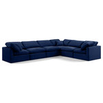 Meridian Furniture - Indulge Upholstered Modular L-Shaped Sectional, Navy, 6-Piece: 3 Armless Chair, 3 Corner Chair, Down Stuffed Velvet - Experience ultimate comfort and style with our navy velvet Indulge Sectional. The luxurious velvet will elevate the aesthetic of any room. This sofa provides ample space for you to relax while its modular build offers the option of unlimited configurations. Whether you're looking to add a stylish element to your living room or a comfortable seating option to your bedroom, this sofa is the perfect choice.