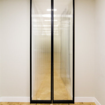 Separación hall - pasillo mediante puertas correderas de hierro y cristal