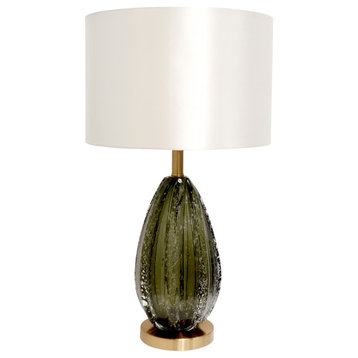 Pasargad Home Felicia Style Modern Table Lamp, Green Glass and White Drum Shade