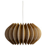 Ciara O'Neill - Spine Large Pendant Light, Gold - The gold-coloured Spine Large Pendant Light emulates the geometric patterns found in sea urchin shells. Tight radial curves impose their structure on pleated segments which dictate the shape of the silhouette. This material of this pendant lamp gently diffuses light while also radiating light more intensely where the surface material splits apart. Using bespoke components and artisan production techniques, this pendant light is skillfully handcrafted and produced in Ciara O'Neill's East London studio. Please note the long lead time is due to the fact that this product is handcrafted and made to order. This allows us to ensure that you receive a high-quality, personalised product.