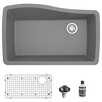 Karran Undermount Quartz 33" Single Bowl Kitchen Sink Kit, Grey