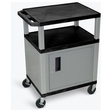 Luxor Tuffy Black 3-Shelf AV Cart With Nickel Legs and Cabinet, 34"
