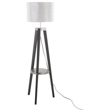 Compass Shelf Floor Lamp, Black Wood, Silver Metal, Gray Linen