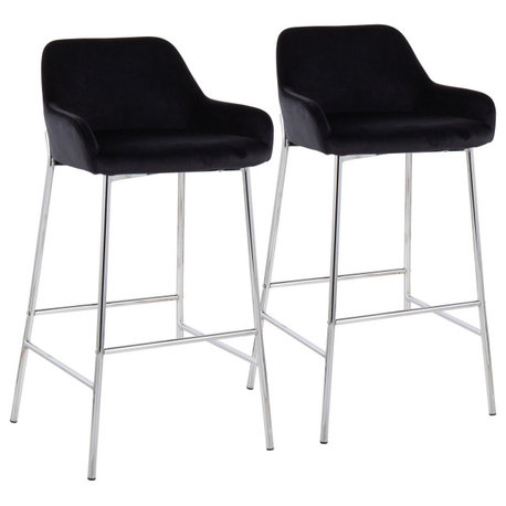 Daniella Fixed-Height Bar Stool, Chrome Metal/Black Velvet, Set of 2