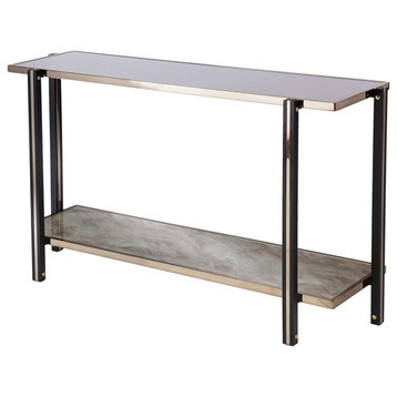 Elegant Console Table, Mirrored Top and Faux Marble Shelf, Champagne Finish