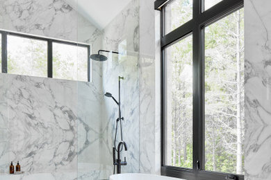 Large trendy master black and white tile and porcelain tile porcelain tile, multicolored floor and vaulted ceiling bathroom photo in Other