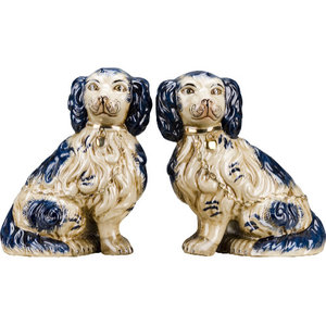 Reproduction Staffordshire Dogs King Charles Spaniel Pair Figurines Blue 9"H 