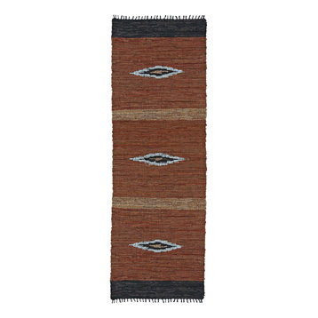 Brown Matador Diamonds Leather Chindi Rug, 2.5'x14' Runner