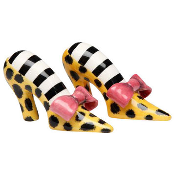 Leopard Heels Pink Bow Yellow Polka Dots Salt and Pepper Shakers Set