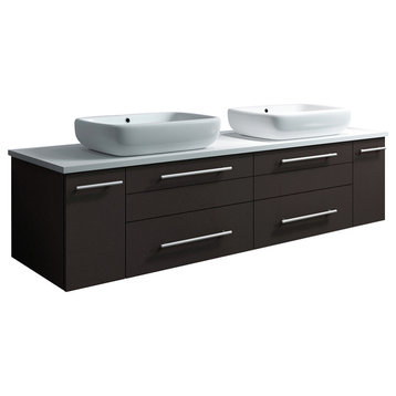 Lucera Wall Hung Bathroom Cabinet With Top & Double Vessel Sinks, Espresso, 60"