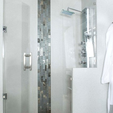 Modern white and grey bathroom with glass mosaic