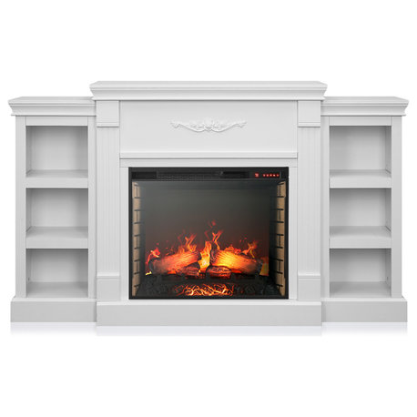 Freestanding Electric Fireplace Bookshelves with 28" Fireplace, White