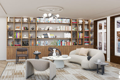 Aménagement d'un grand salon beige et blanc scandinave ouvert avec une bibliothèque ou un coin lecture, un mur blanc et parquet clair.