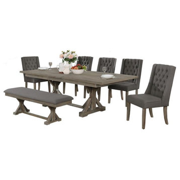 Rustic 7pc Dining Set with Gray Chairs and Bench and Extendable Wood Table