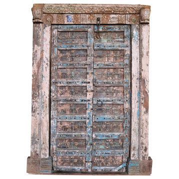 Antique Carved Indian Haveli Door, Blue Pink Reclaimed Haveli Door