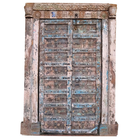 Consigned Antique Carved Indian Haveli Door, Blue Pink Reclaimed Haveli Door