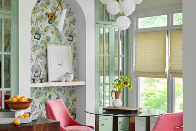 Open concept kitchen - mid-sized transitional galley medium tone wood floor and brown floor open concept kitchen idea in Atlanta with an undermount sink, recessed-panel cabinets, green cabinets, marble countertops, white backsplash, marble backsplash, paneled appliances, an island and white countertops