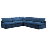 Meridian Furniture - Plush Velvet / Down Standard Comfort L-Shaped Modular Sectional, Navy, 5-Piece: 4 Armless Chair, 1 Corner Chair - No matter how big or little the size of your gang, they can all find their sweet spot when you choose pieces from the Plush collection to build your ideal seating group. Choose this five-piece set or pair multiple pieces together to get the custom look everyone will love. The soft navy velvet material is soft and welcoming to the touch, and the set's cushions are overstuffed with a down and feather blend to provide ample support for tired bodies.