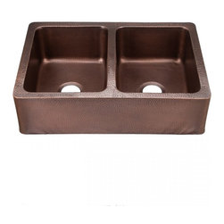 33" Copper Double Bowl Apron Farmhouse Sink - Kitchen Sinks