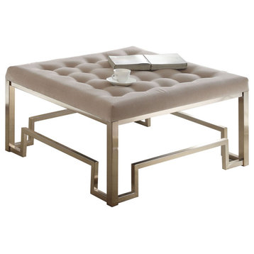 Contemporary Ottoman, Geometric Metal Base With Deep Tufted Square Fabric Seat