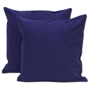 Novica Navy Waves Embroidered Denim Cushion Covers, Set of 2