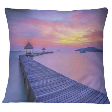 Long Wooden Bridge into the Sunset Pier Seascape Throw Pillow, 18"x18"