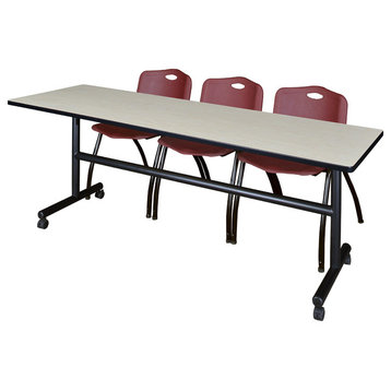 Kobe 84" Flip Top Mobile Training Table, Maple and 3 'M' Stack Chairs, Burgundy