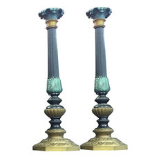 Mogul Interior - Antique Pair Architectural India Carved Brass Candle Stands Holder - Candleholders