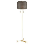 Elk Home - Bittar 2-Light Floor Lamp - Natural, craft materials define the Bittar Floor Lamp. Its slim metal stand comes in an aged brass finish and topped with a round, woven rattan shade to filter the light. This design holds two bulbs that can be operated individually by pull cords for added convenience. The Bittar is an ideal way to accessorize and illuminate a Midcentury Modern interior with a touch of organic appeal.