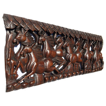 Horse Feng Shui Symbol Wood Carved Wall Panel, Asiana Chinese Home Decor