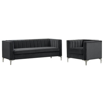 Contemporary Sofa & Accent Chair Set, Velvet Seat & Channel Tufted Back, Black