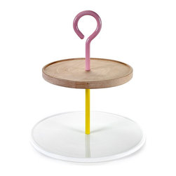 Jansen + Co Two Tier Platter With Handle - Yellow/Pink - Dessert And Cake Stands