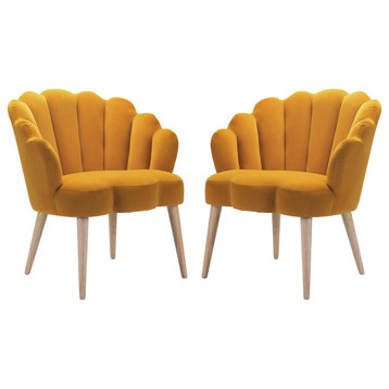 Scalloped Velvet Arm Chair With Tufted Back Set of 2, Mustard