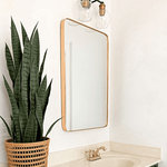 Frame My Mirror - Highland Framed Rounded Rectangle Mirror, Gold - Sleek, modern, beautiful. This gorgeous mirror is sure to dazzle with its high-quality design and ease of installation. 24″W x 36″H x 1.5″D. Hangs vertical or horizontal. Hanging hardware (d-rings) installed for quick installation. Screws/anchors included. Felt backer applied to prevent unwanted marks on wall. 1.5″ frame depth with a high-quality, metallic, brushed gold finish. Approved for high-moisture areas such as bathrooms. Rust proof MDF frame.