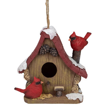7" Brown and Red Christmas Birdhouse With Cardinals