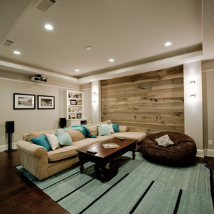 Inspiration for a medium sized traditional open plan home cinema in Atlanta with a projector screen, grey walls and cork flooring.