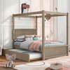 Full Wood Frame Canopy Platform bed with Trundle Bed, Brown, Full