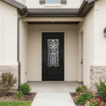 Mediterranean Style Black Iron Front Door with Decorative Glass for Contemporary