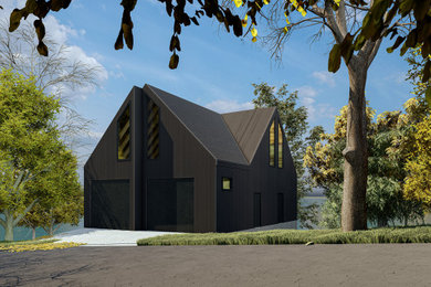 Foto de fachada de casa negra y negra moderna de tamaño medio de dos plantas con revestimiento de metal, tejado a cuatro aguas y tejado de metal